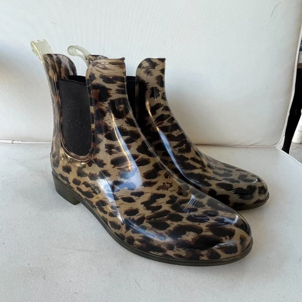 J. Crew Leopard Print Rain Chelsea Boots - Black Elastic